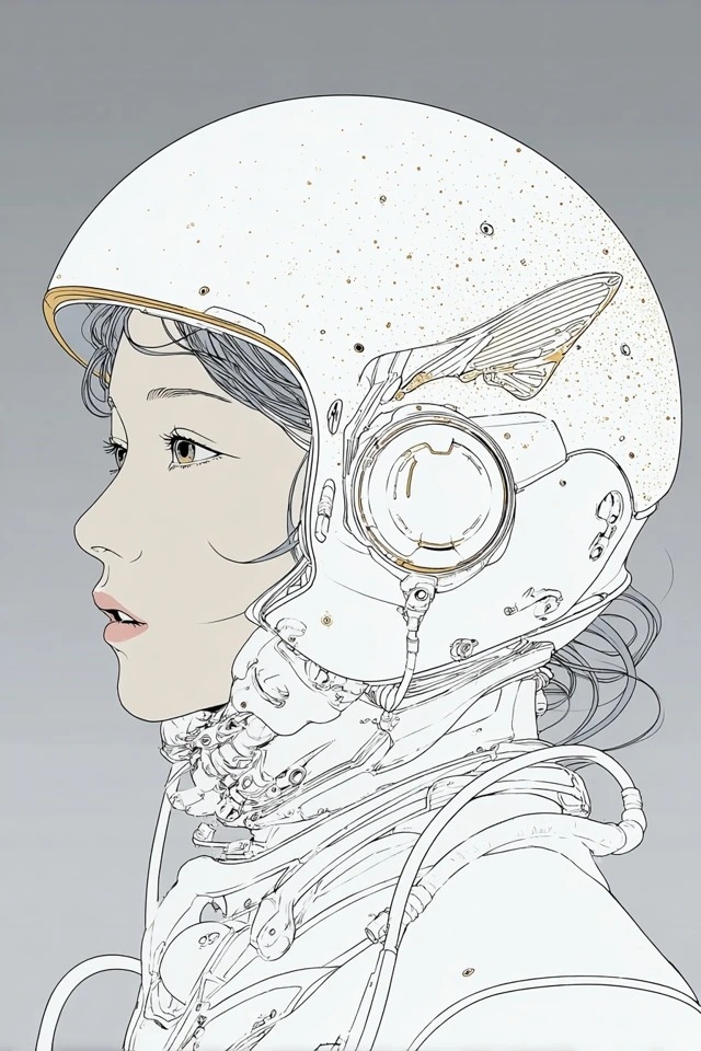 Ilustración minimalista retrofuturista con líneas precisas y colores suaves