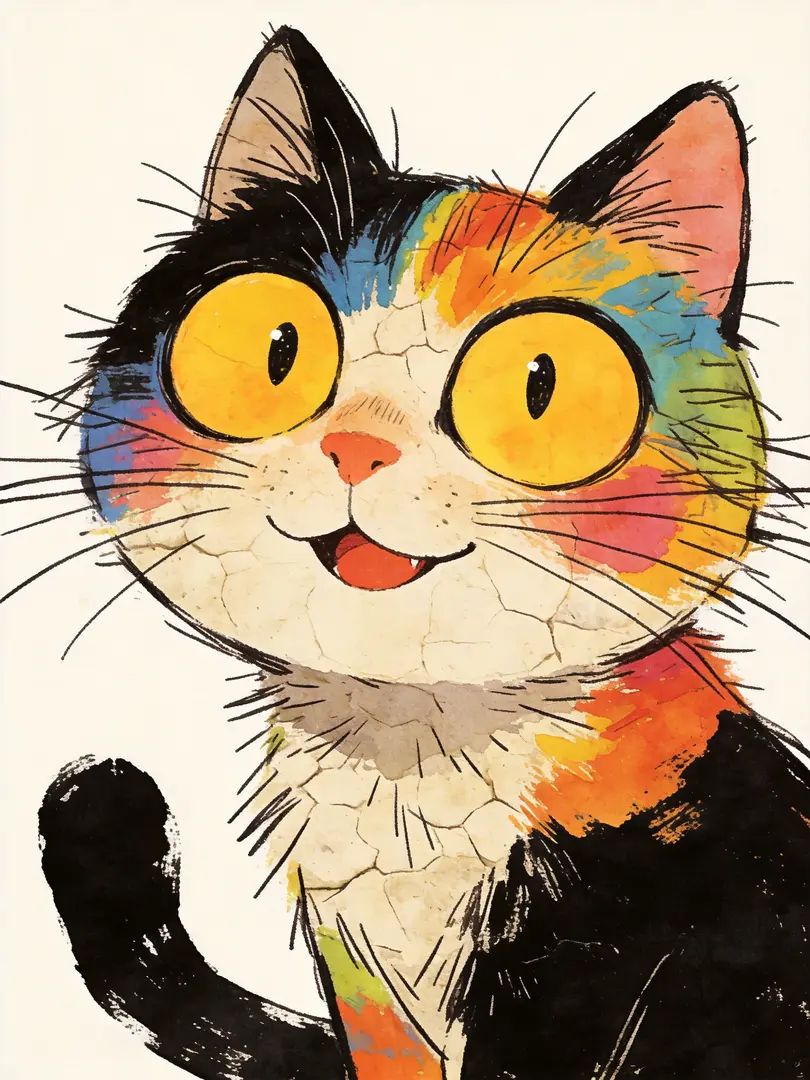 An illustration of a colorful happy cat with big eyes
