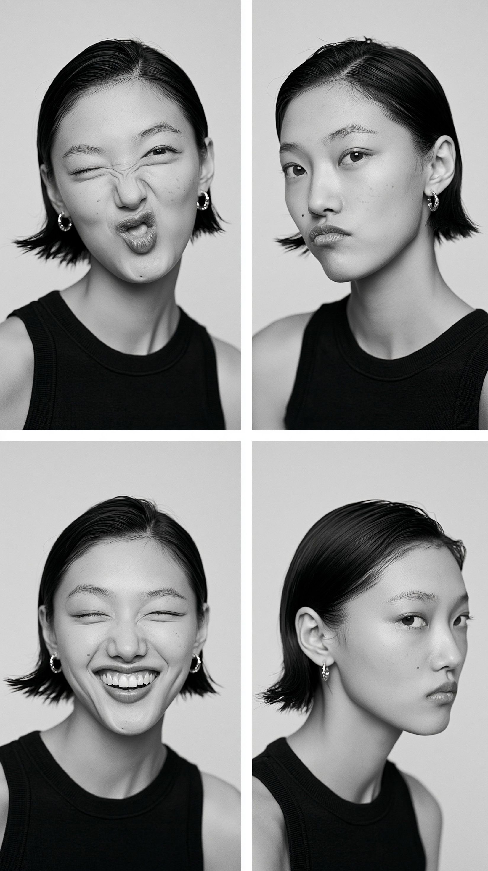 Portrait minimaliste en noir et blanc d'une jeune femme avec une coupe de cheveux bob foncée, portant un top noir sans manches et des boucles d'oreilles en argent, montrant différentes expressions faciales.