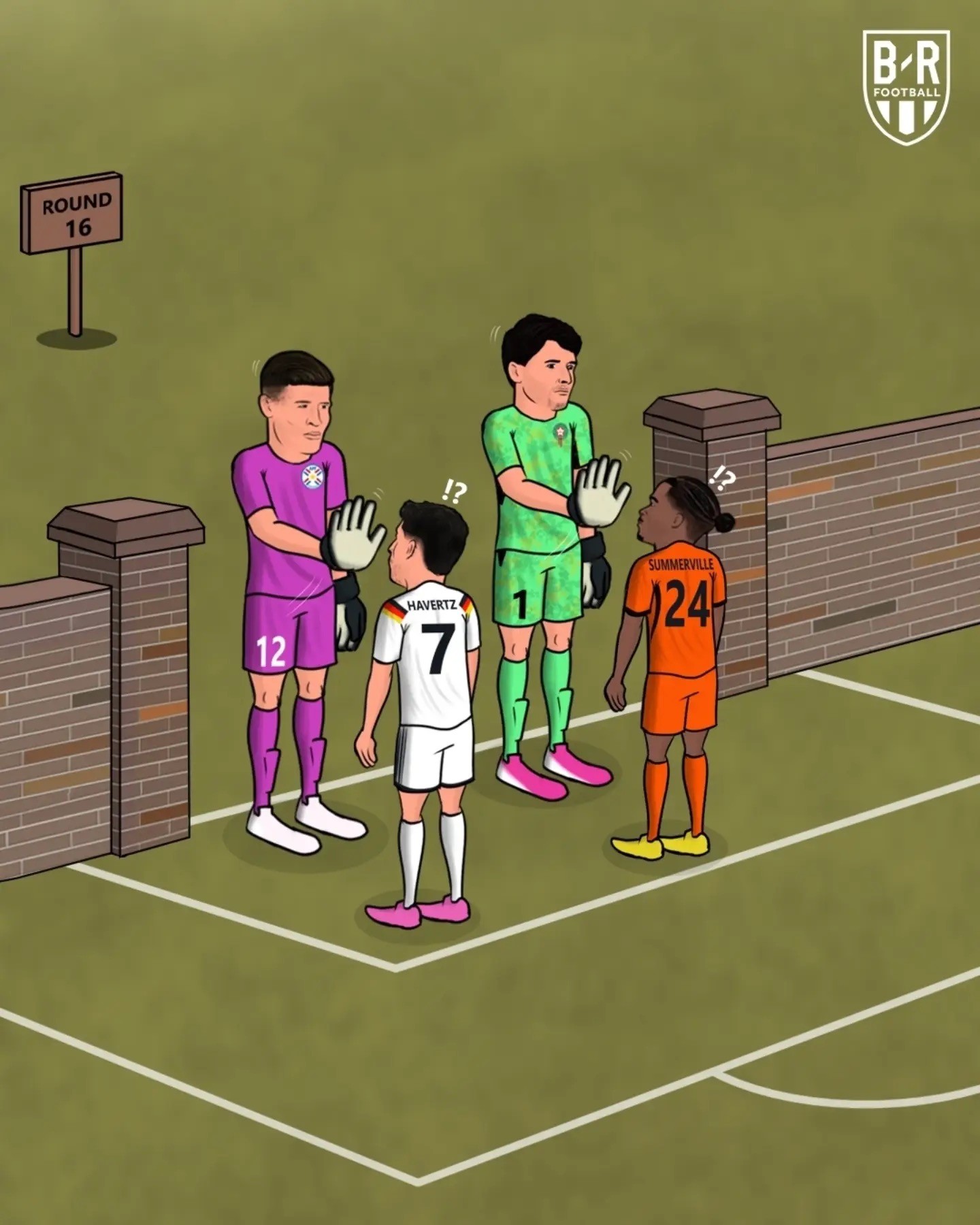 Four footballers in bright kits cluster near a pitch corner in a light comedic standoff