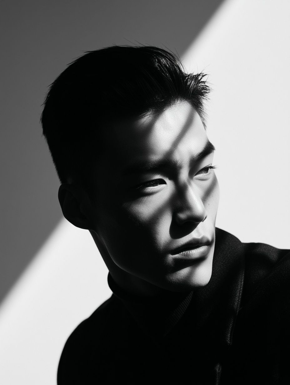 밝고 깔끔한 연한 회색 배경에 아시아 젊은 남성이, 세련된 정돈된 스타일을 선보이며, 모델 측면 얼굴에 빛줄기가 집중돼 독특한 빛과 그림자 대비를 만들어 특징 윤곽을 강조하고 있다.