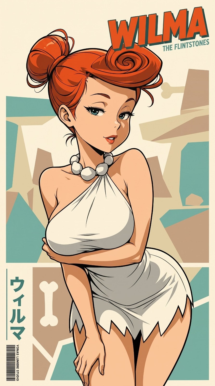 Eine rothaarige Frau in einem weißen Kleid steht im Mittelpunkt der Illustration