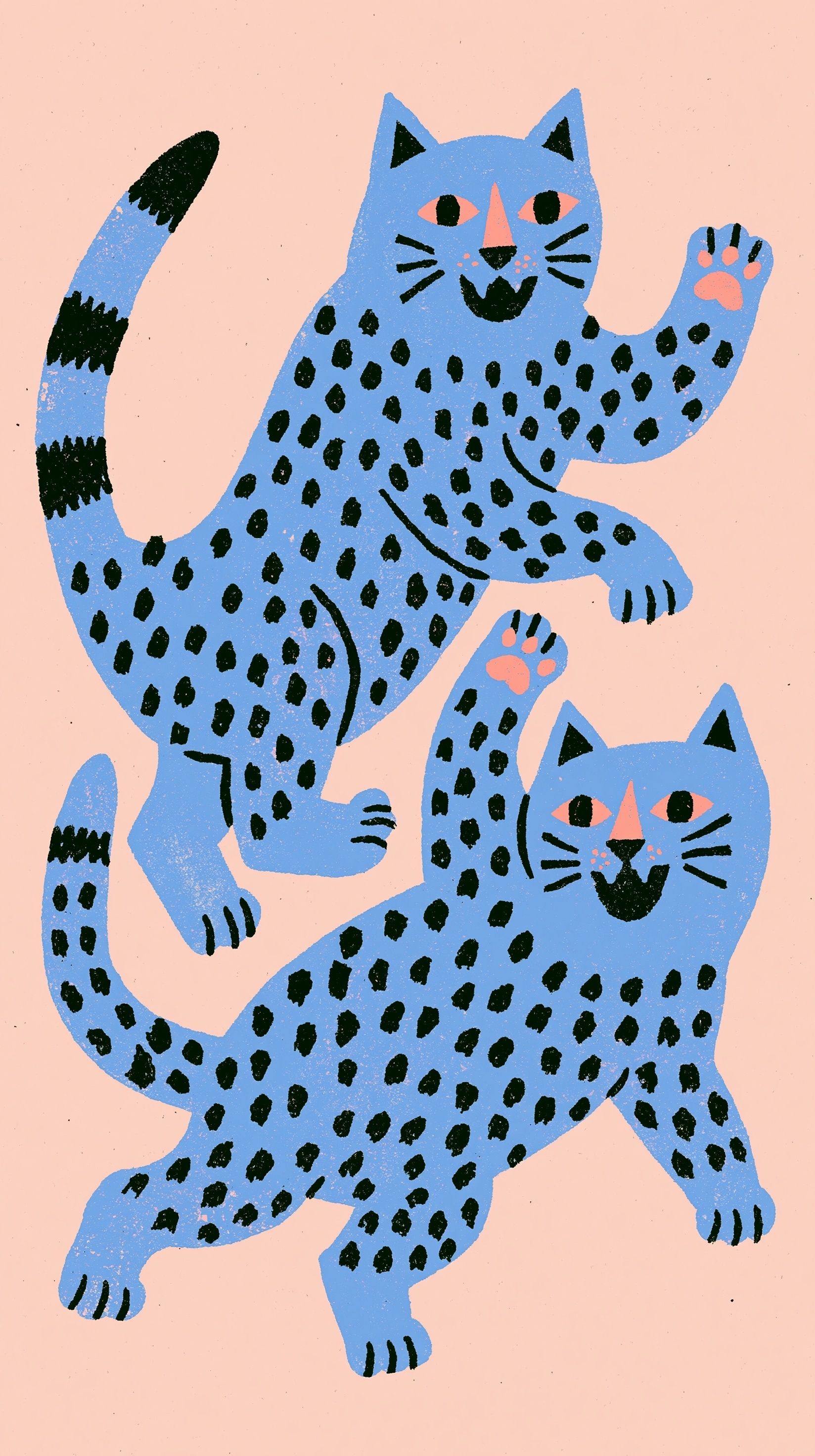 Ilustração à mão de dois gatos a brincar, arte gráfica mediterrânea, ilustração vintage, estética mediterrânica, linha fina, tons de azul e rosa, sombreamento mínimo, clipart, detalhe elevado, textura de guache, isolado em fundo branco, sem fotorrealismo, sem gráficos 3D