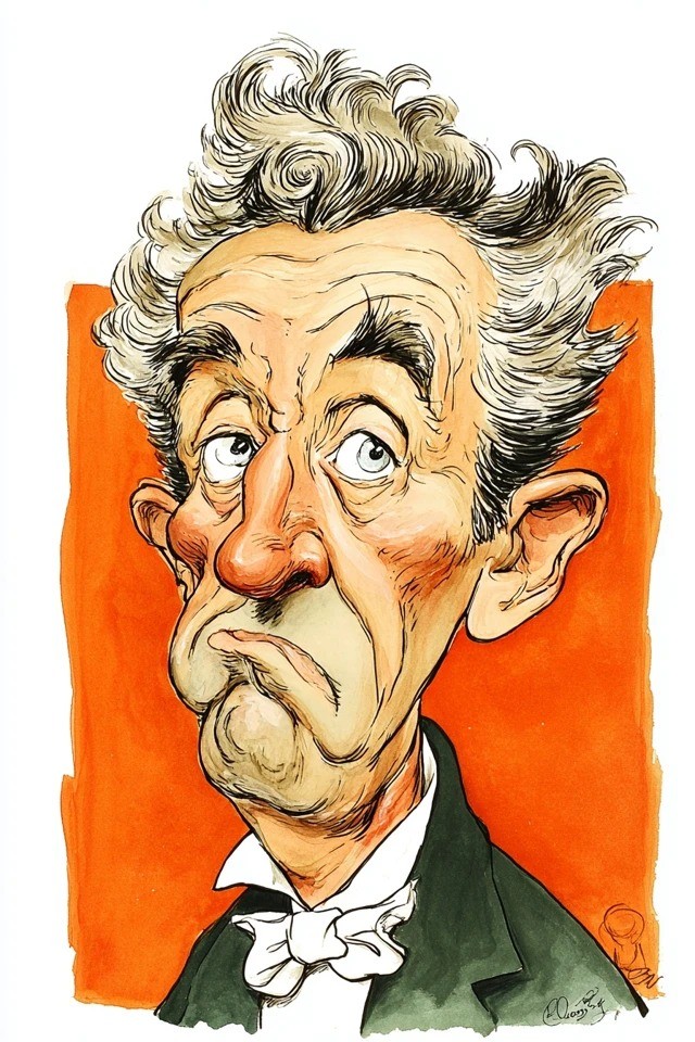 Es una caricatura expresiva con tinta y acuarela