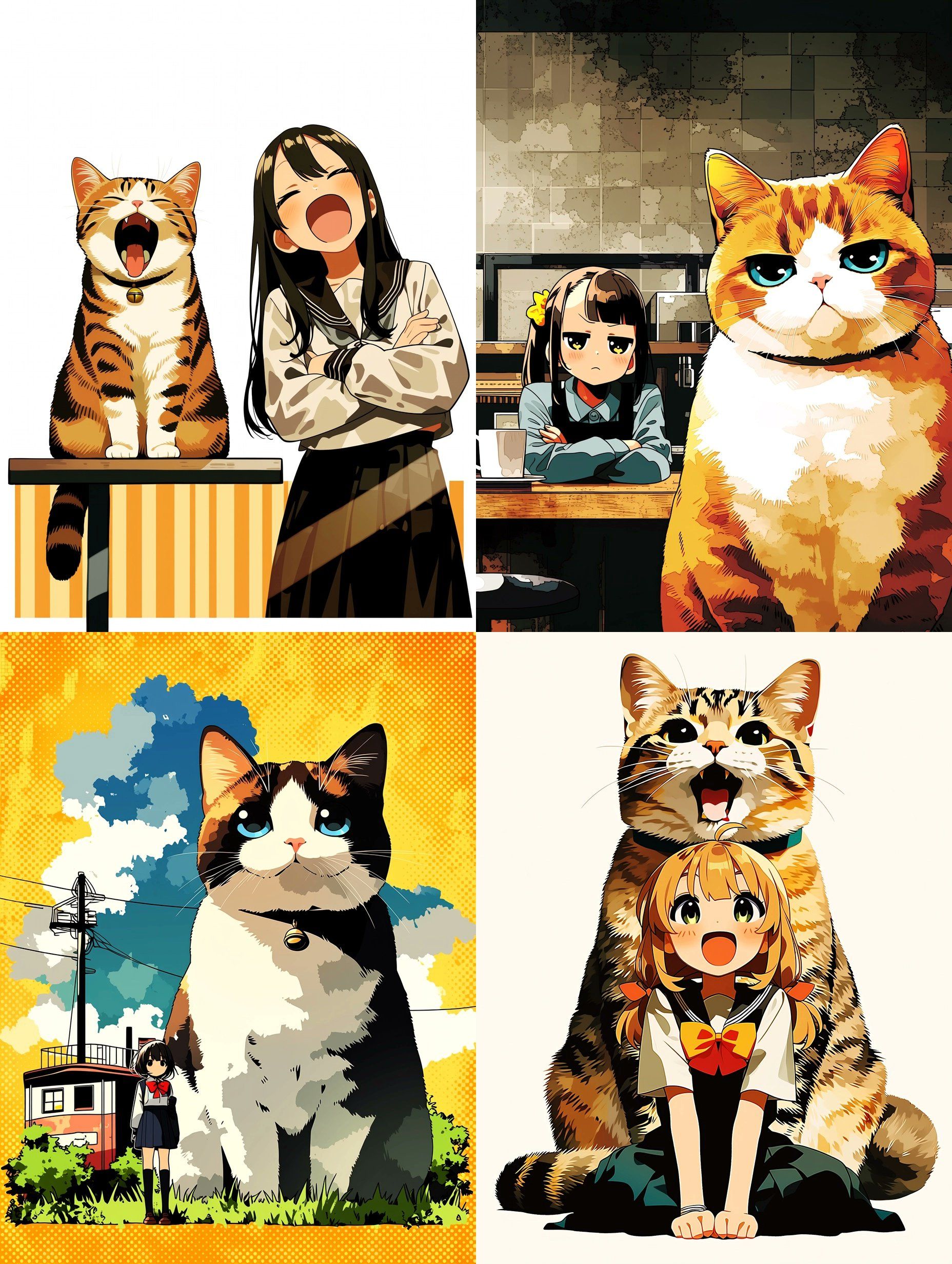 Style de manga japonais lumineux avec des chats tabby orange et des scènes humoristiques avec des filles