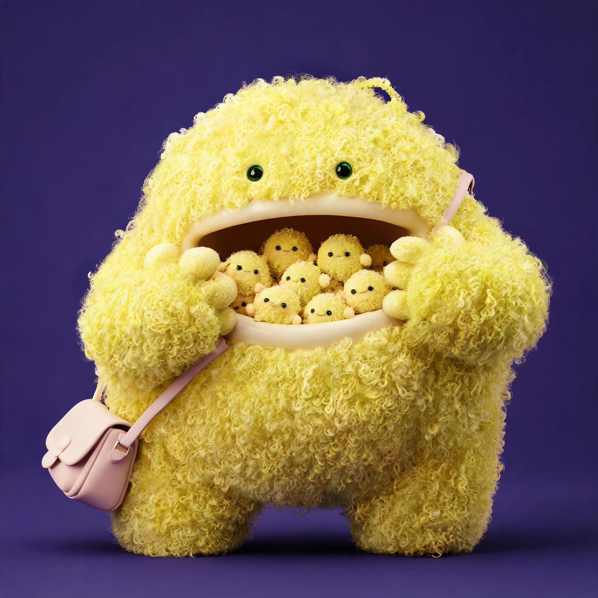 Monstro peludo amarelo com uma pequena bolsa nas costas, cuspindo criaturas fofas da boca, olhando suavemente para você em um fundo roxo escuro