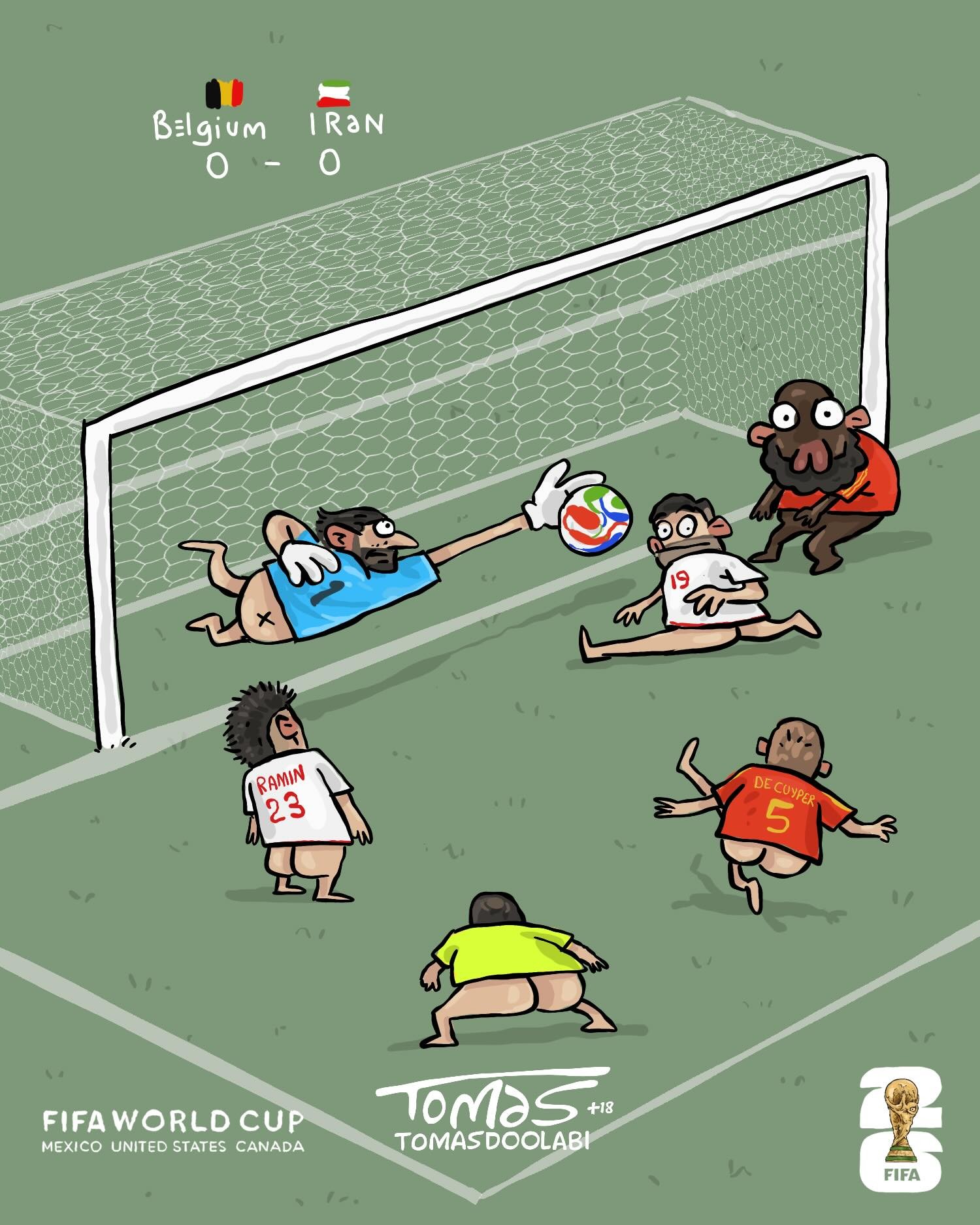 A cartoon depiction of a goalmouth scramble