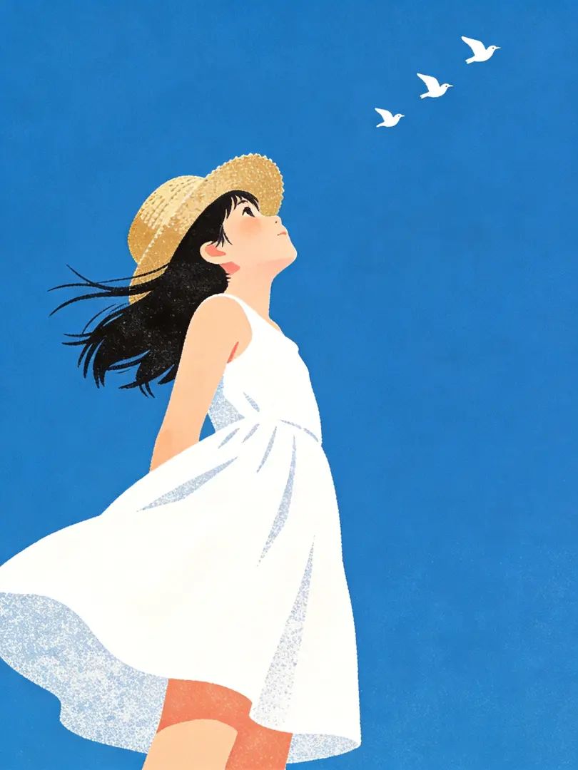 girl in white dress and straw hat looking up at blue sky with birds