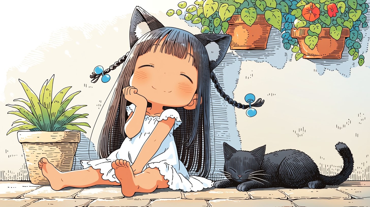 Une fille aux cheveux longs en tresses portant une robe blanche est assise sur un sol en pierre à côté d'un chat noir dormant, créant une ambiance paresseuse d'après-midi dans le jardin
