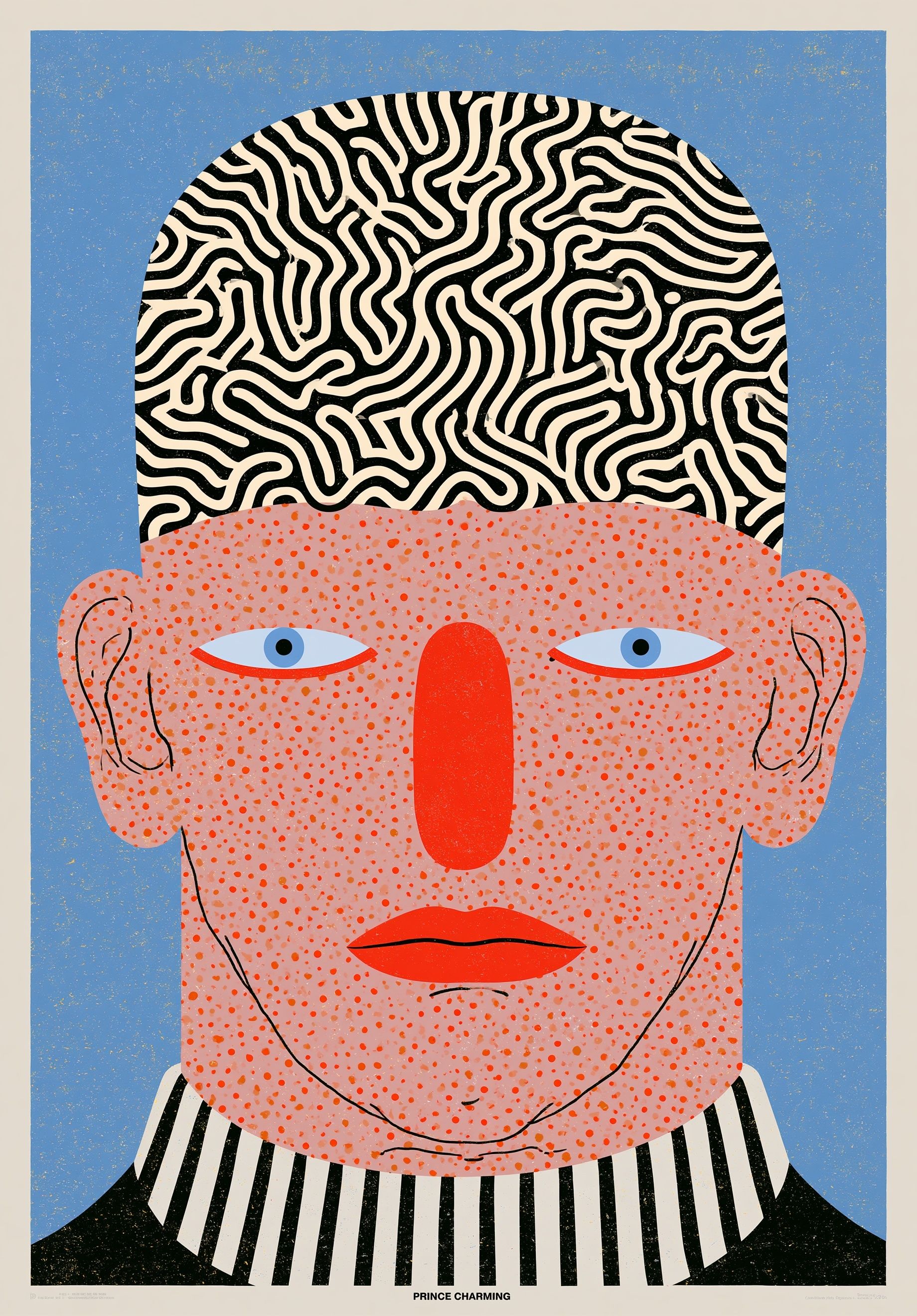 Illustrated poster featuring 'PRINCE CHARMING', dense and vibrant Kusama block print, colorful and playful dots inspired by Japanese artist Yayoi Kusama, creating a visually dynamic effect.