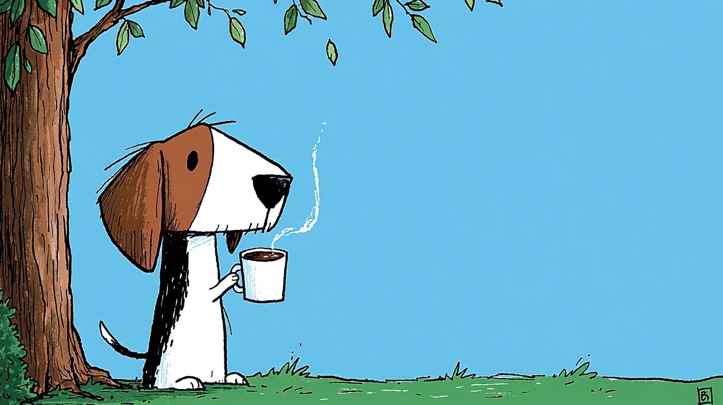 小さなビーグル犬が家の裏庭の木のそばに立ち、白いコーヒーカップから蒸し暑いコーヒーを飲んでいます。