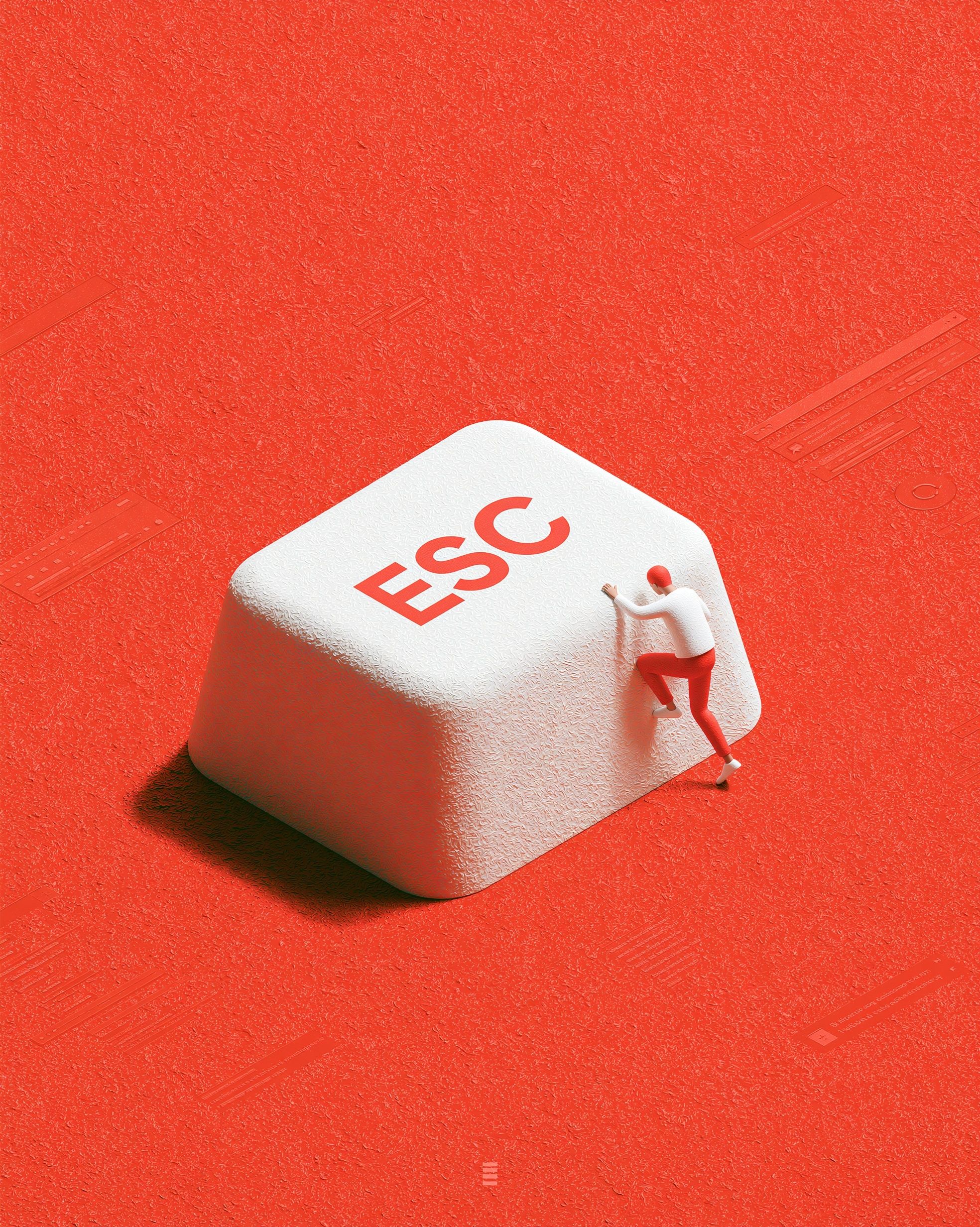 Arrière-plan rouge lumineux texturé, une énorme touche de clavier ESC blanche dominant la composition, une figure humaine solitaire montant pour appuyer dessus, s'évadant symboliquement de l'indifférence.