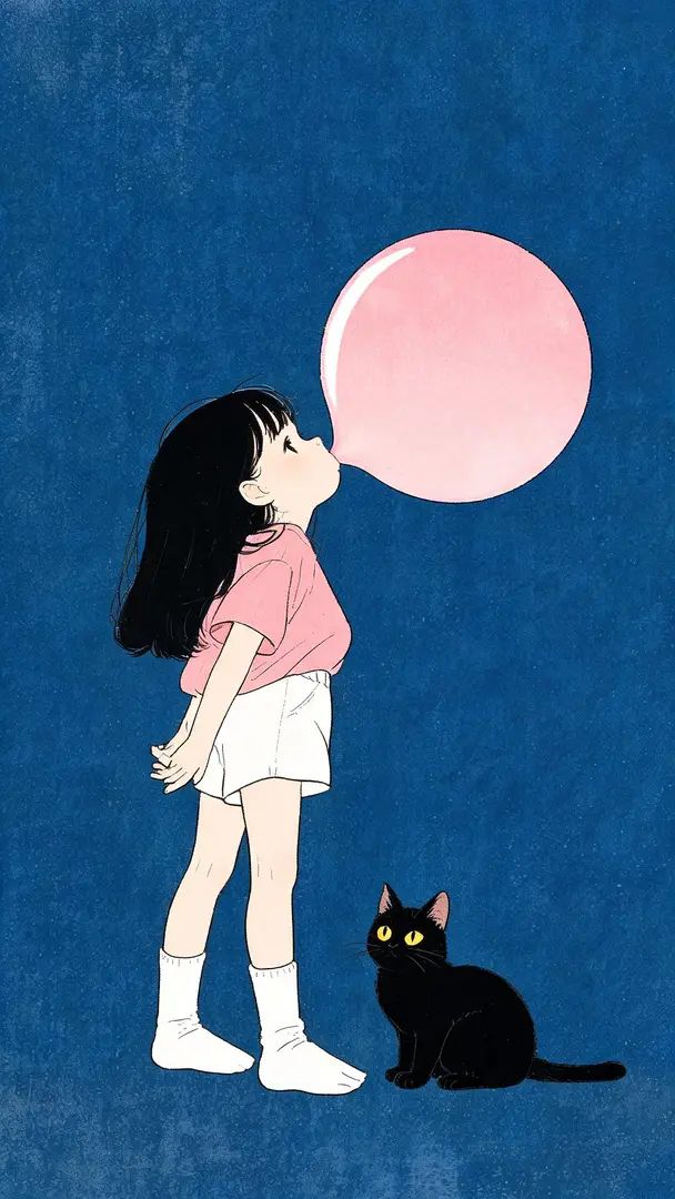 The girl in the painting wears a pink top and white shorts, blowing a bubble with a black cat at her feet