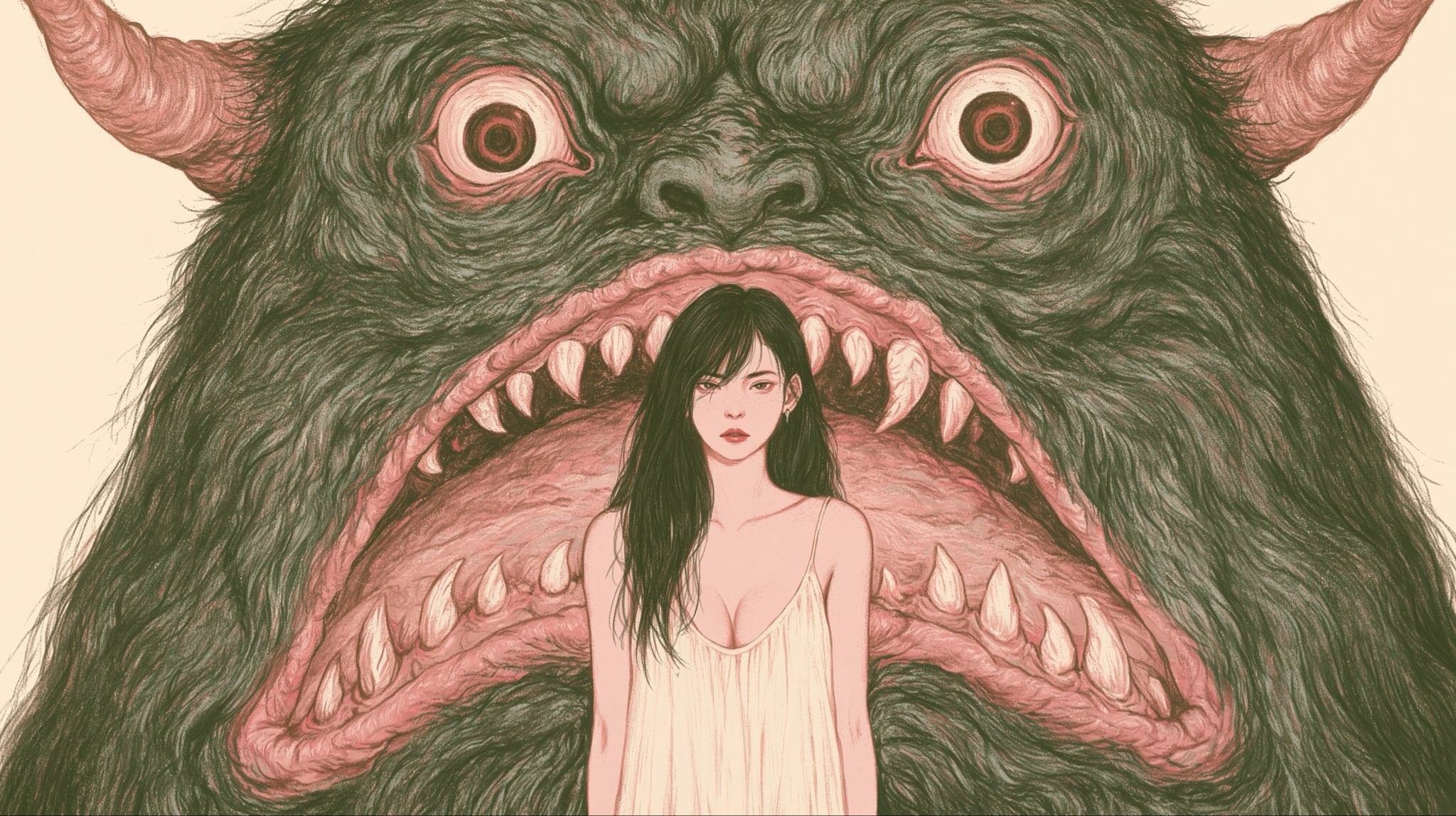 描绘了一个身着奶油色长裙的苍白女子与一只巨大的猩红恶魔之间的紧张关系