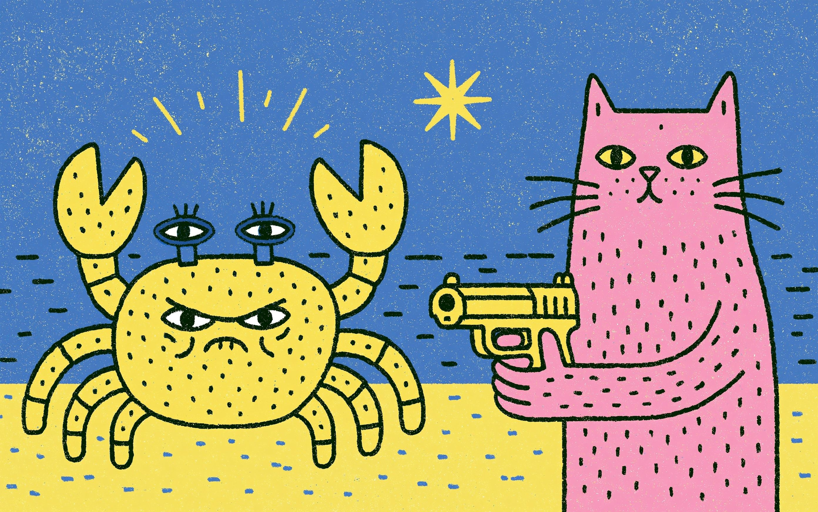 un cangrejo gruñón y un gato sosteniendo pistolas