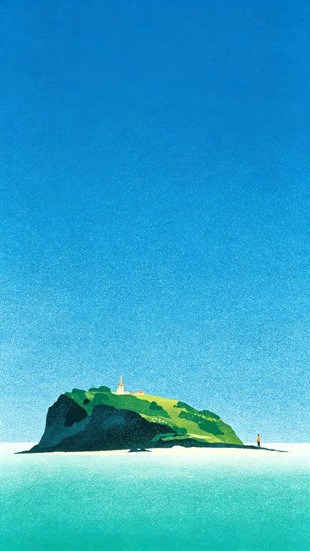Minimalist watercolor illustration depicting the scenery of a European island