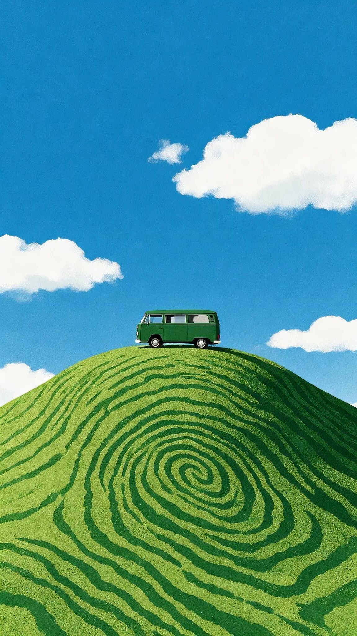 Плоская иллюстрация темно-зеленого фургона Volkswagen T2 на текстурированном травянистом холме