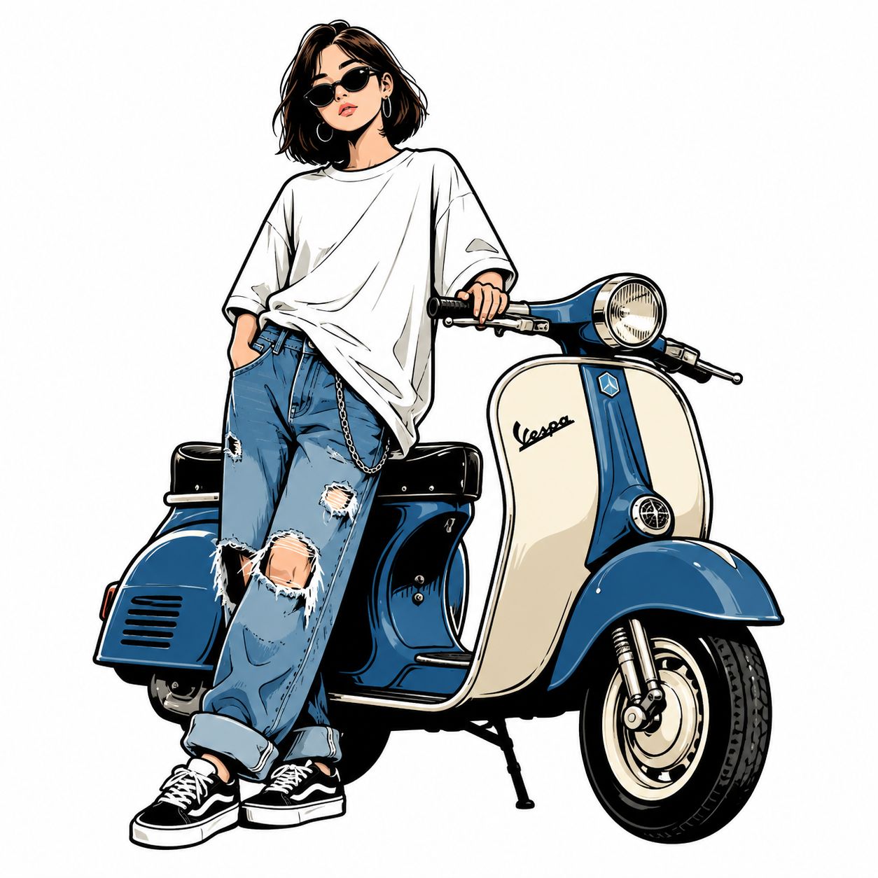 一位年轻女性穿着宽松白T恤和破洞牛仔裤，站在复古蓝奶油色滑板车旁