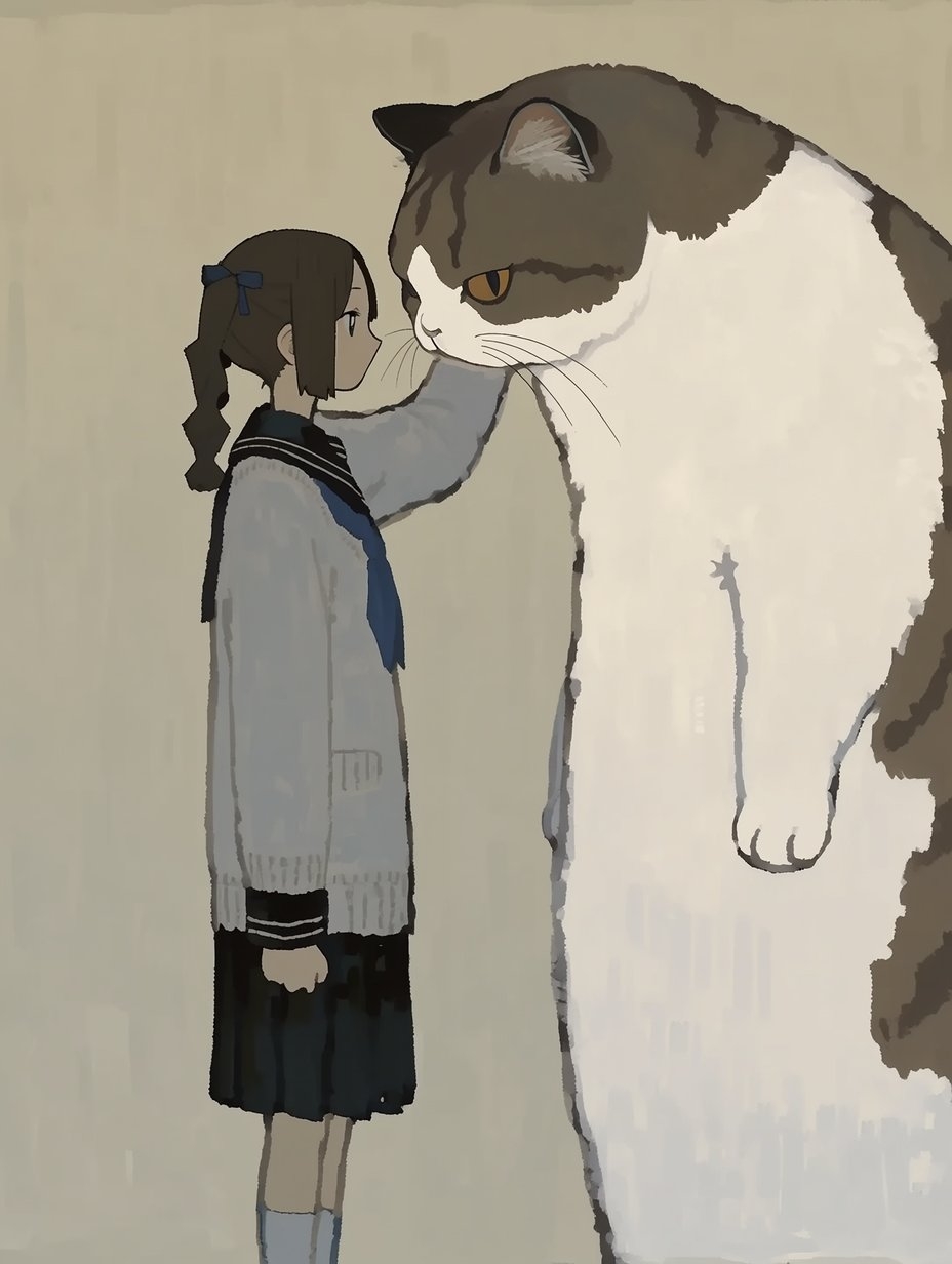 A girl with a low ponytail and blue bow in a sailor uniform faces a giant gray-and-white cat gently touching her cheek