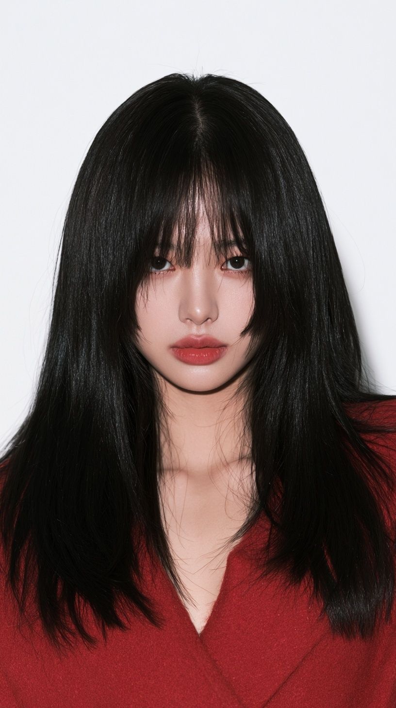 Retrato impressionante de uma mulher coreana de 20 anos com estilo de ídolo K-pop, caracterizado por franja cheia, lábios muito finos, impressões nítidas e únicas, pele pálida impecável, olhos grandes, características coloridas e simétricas e iluminação perfeita