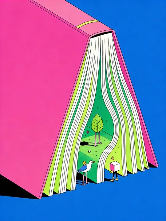 Minimalist vector illustration blending Erika Zolli and Amose styles depicting a book and an absurd miniature world