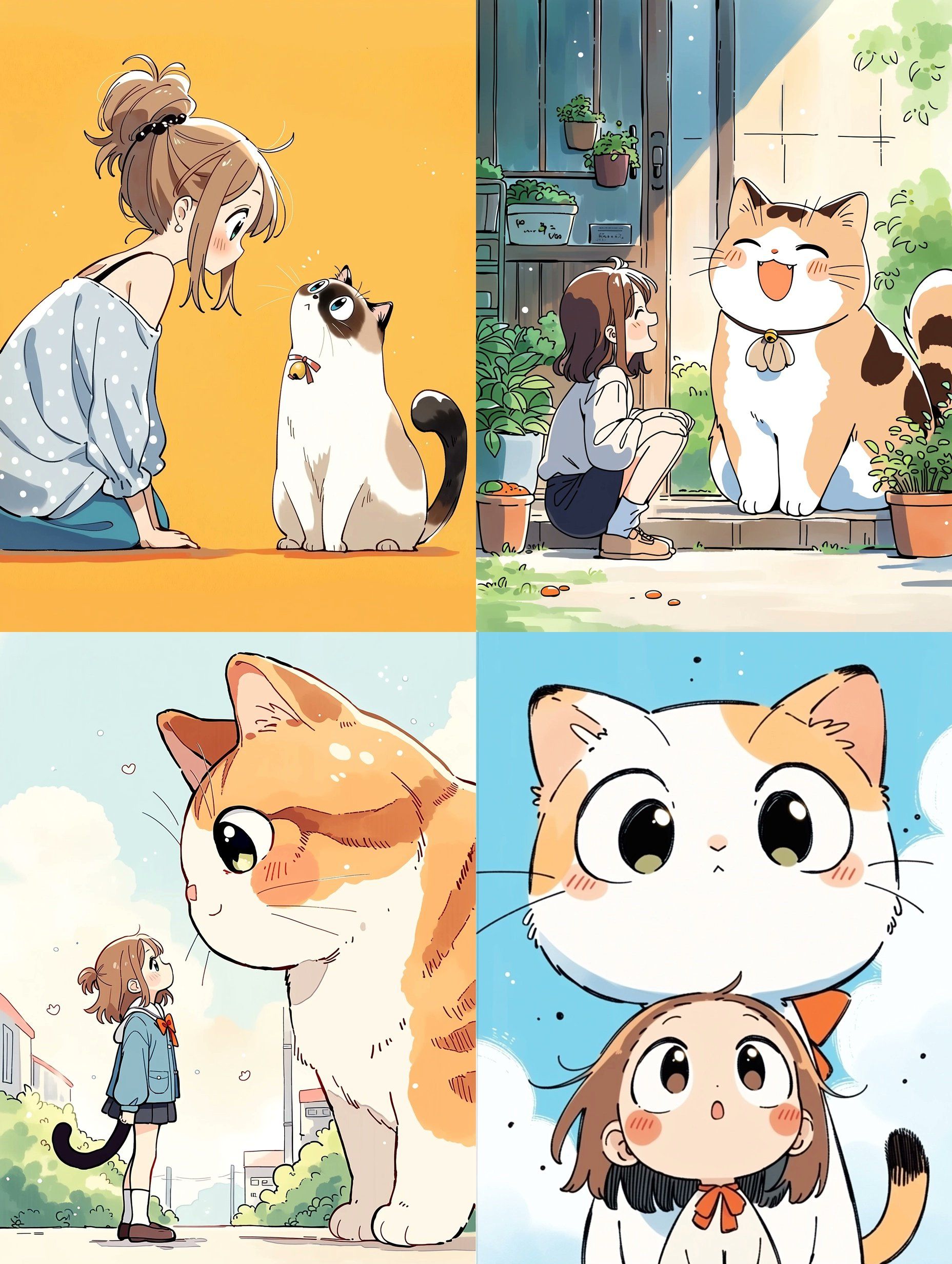 Quatre illustrations chaleureuses décrivent les interactions entre filles et chats, mettant en valeur une atmosphère de vie douce