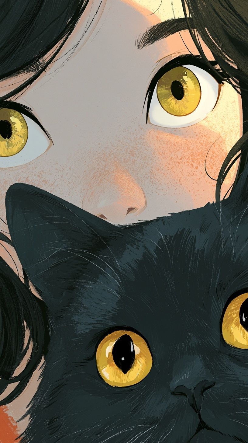 可愛い女の子と猫、美しい目、かわいいイラストスタイル。