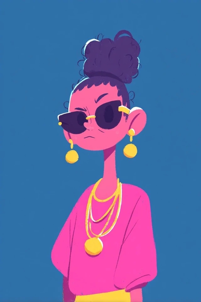 Bold flat illustration in vibrant magenta, golden yellow, and deep teal, suitable for fashion editorial and advertising