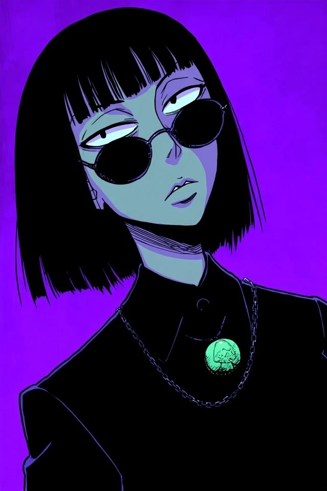 Fettschattierte Illustration in elektrischem Lila und gedämpftem Blaugrün für Cyberpunk-Cover geeignet