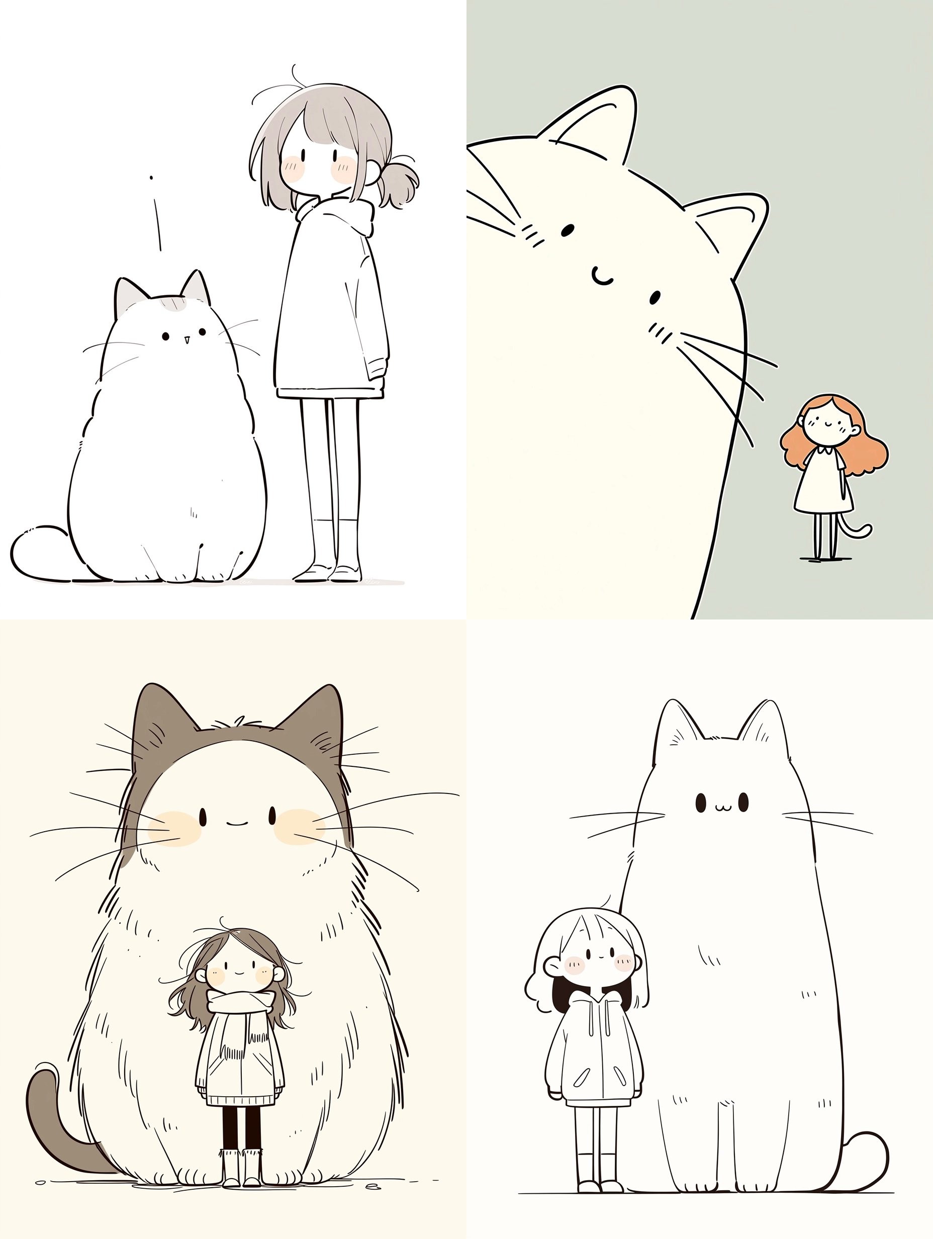 A minimalist four-panel line art collage depicting heartwarming scenes of girls with cats