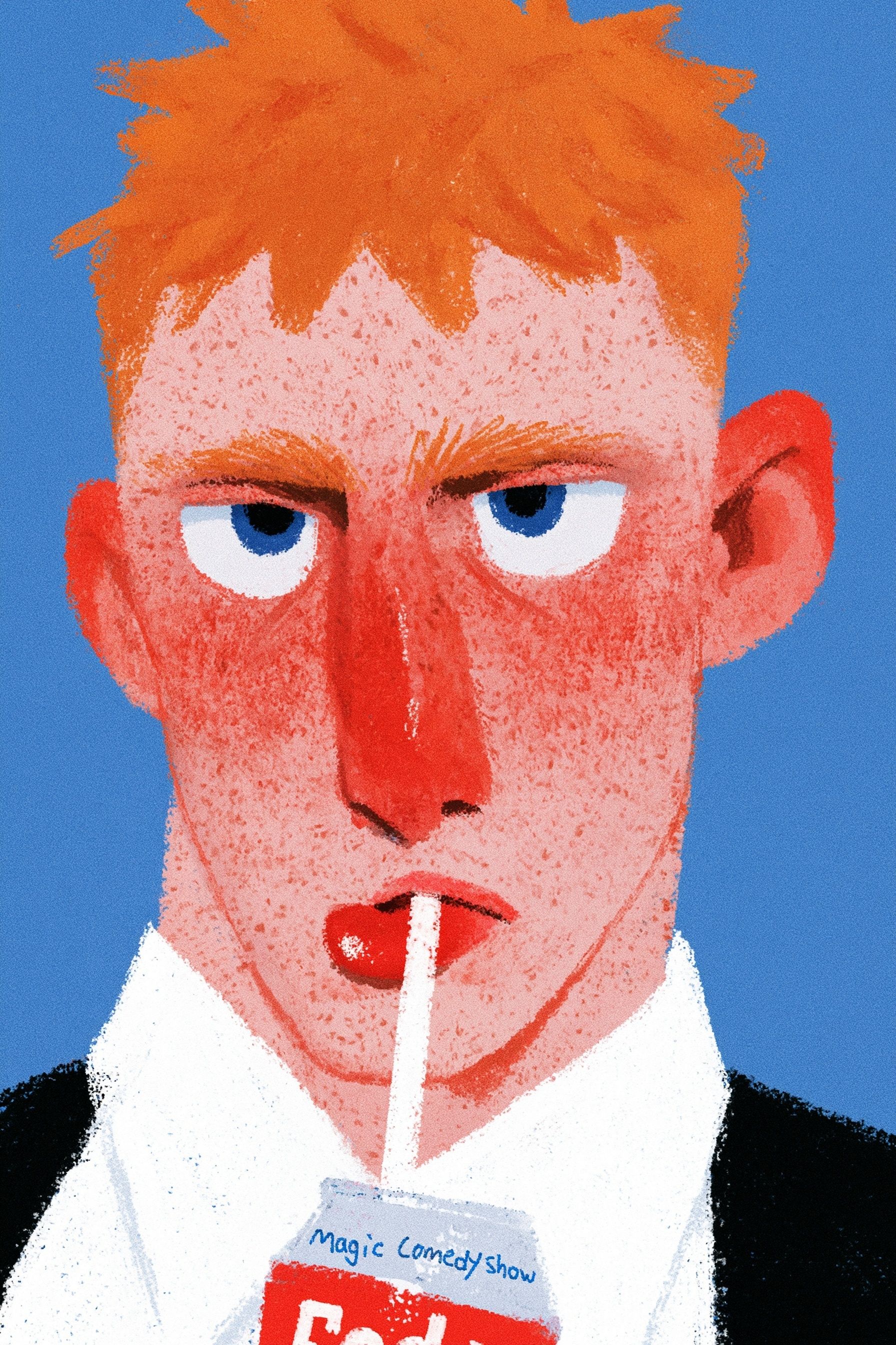 Poster style. Illustration of a beautiful young man (attached to the poster) with an expressive face. Drinking soda through a straw (soda labeled "Magic Comedy Show")