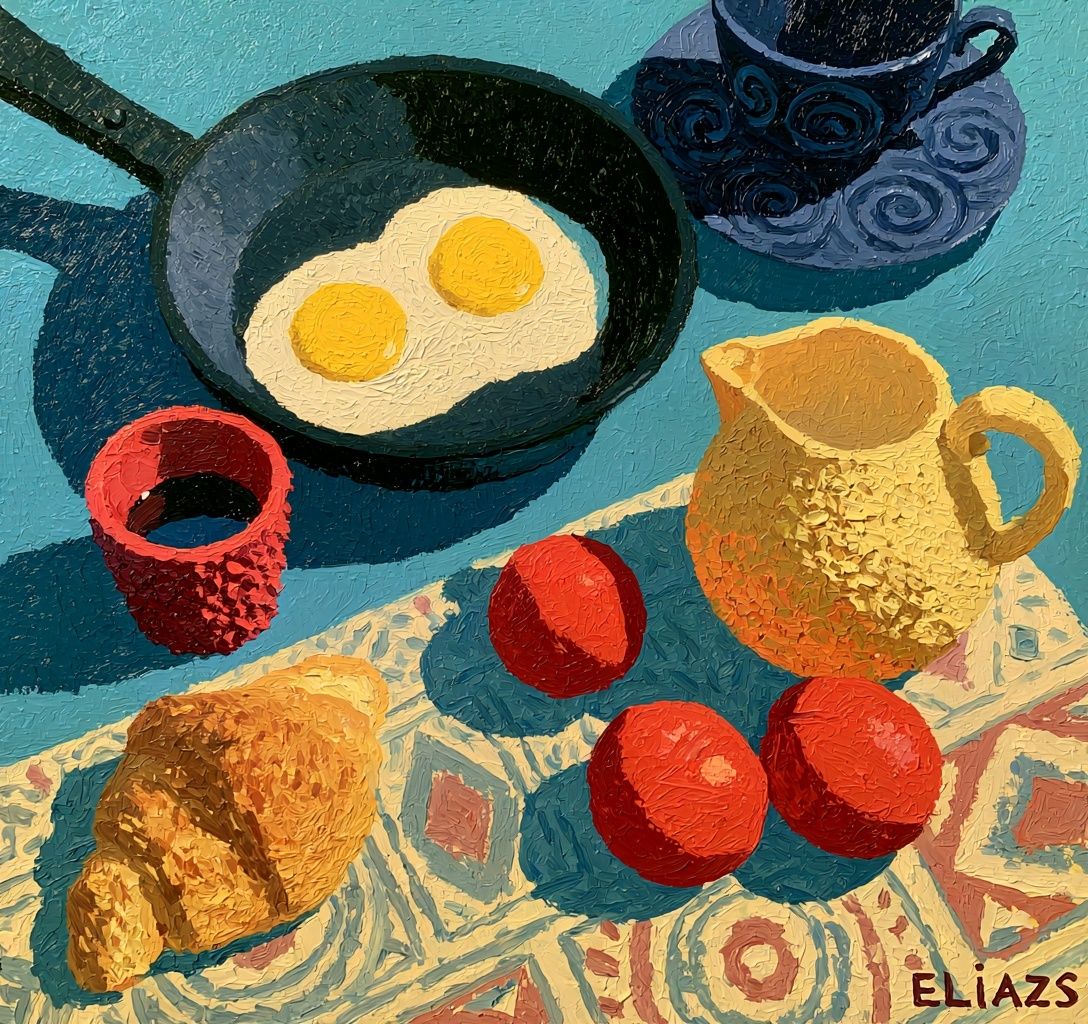 This oil painting captures a breakfast arrangement in a vibrant painterly style.