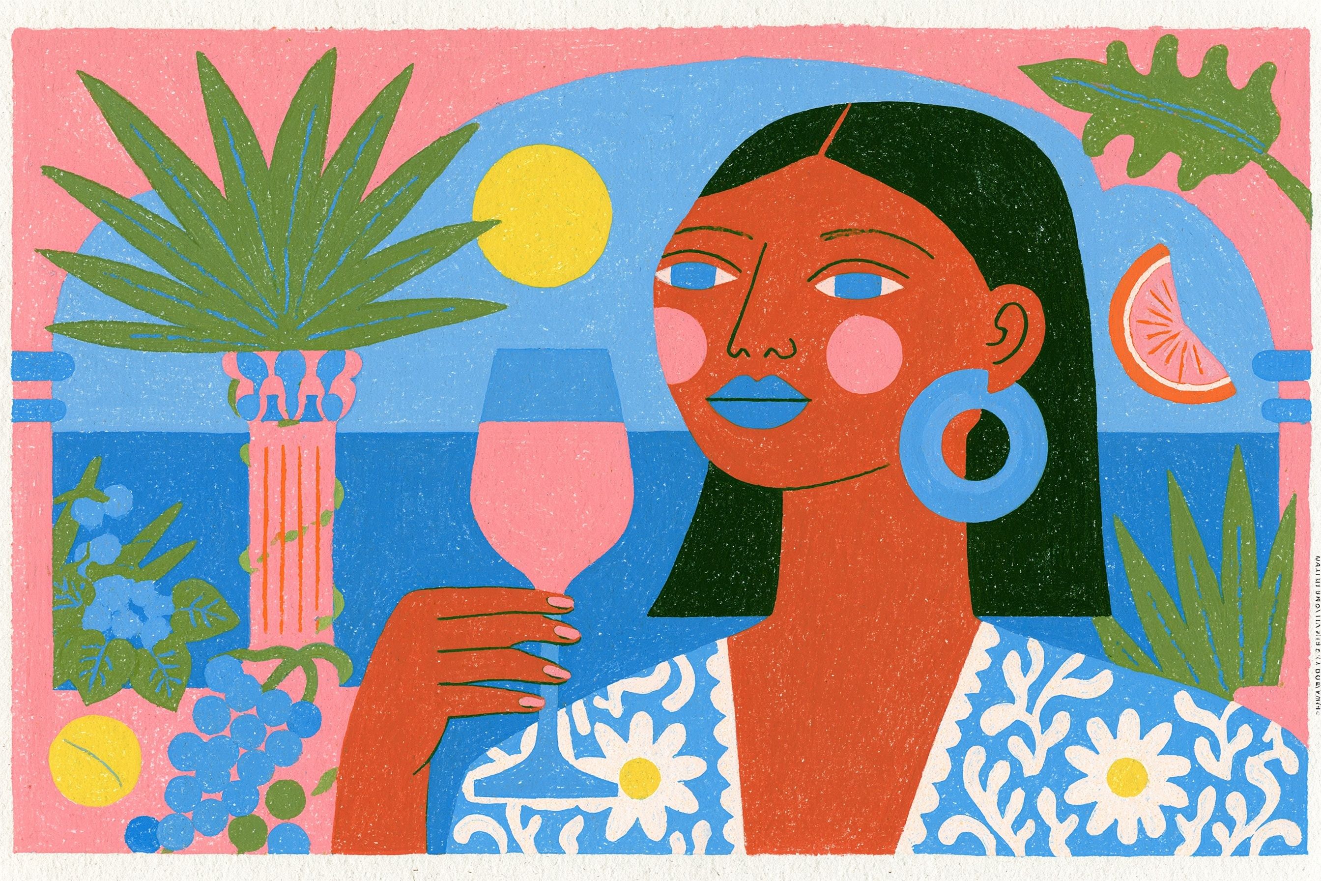 Hand-drawn detailed non-photorealistic melanin woman drinking wine illustration