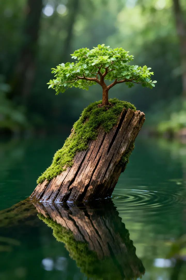 A photograph showcasing a slanted decayed wood and a small tree covered in moss