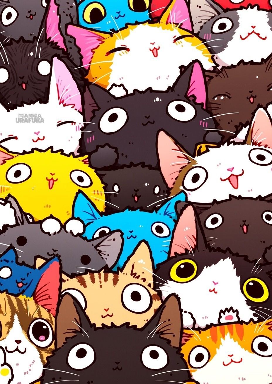 一幅充满活力的可爱猫咪插图，展现了紧密聚集的猫头，色彩鲜艳且表现力十足