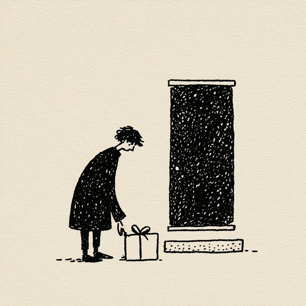 人がプレゼントボックスを表玄関先で見つけるイラスト