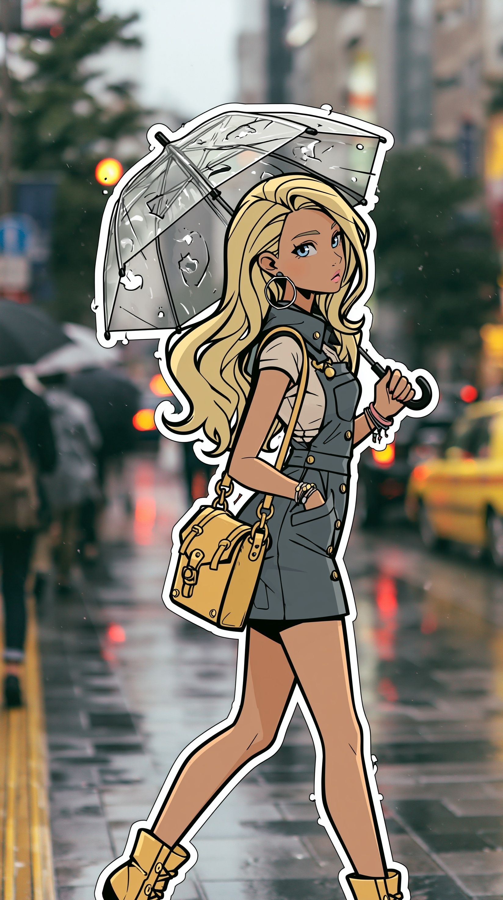 2D-Cartoon - Barbie geht in Straßenkleidung durch eine realistisch fotografierte japanische Stadtstraße im Regen, mit stark schüttelnden Bäumen im Hintergrund, Kontrast zwischen Cartoon und echtem Foto