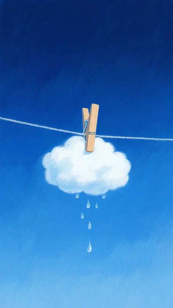 A white cloud clipped with a wooden peg on a clothesline against a deep blue sky
