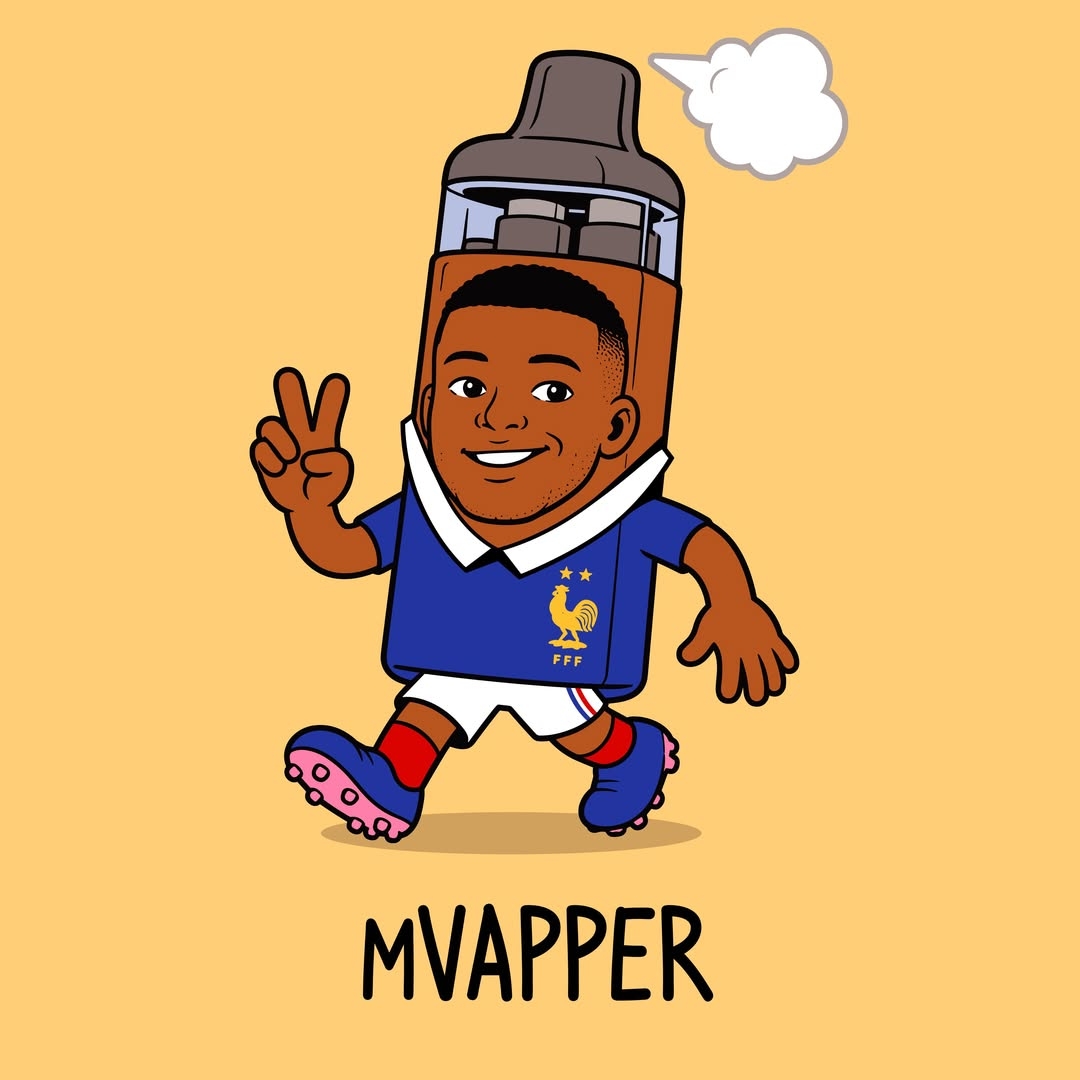 Digital mascot caricature turning vape device into French national team athlete