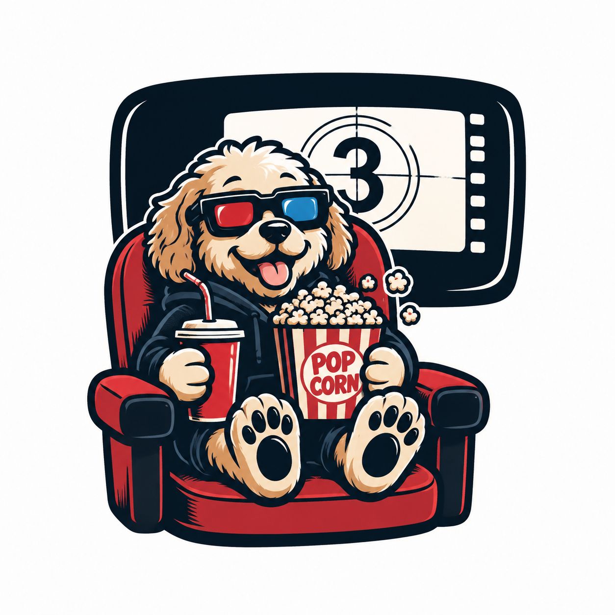 设计一款坐在电影院座椅上的卡通狗图案