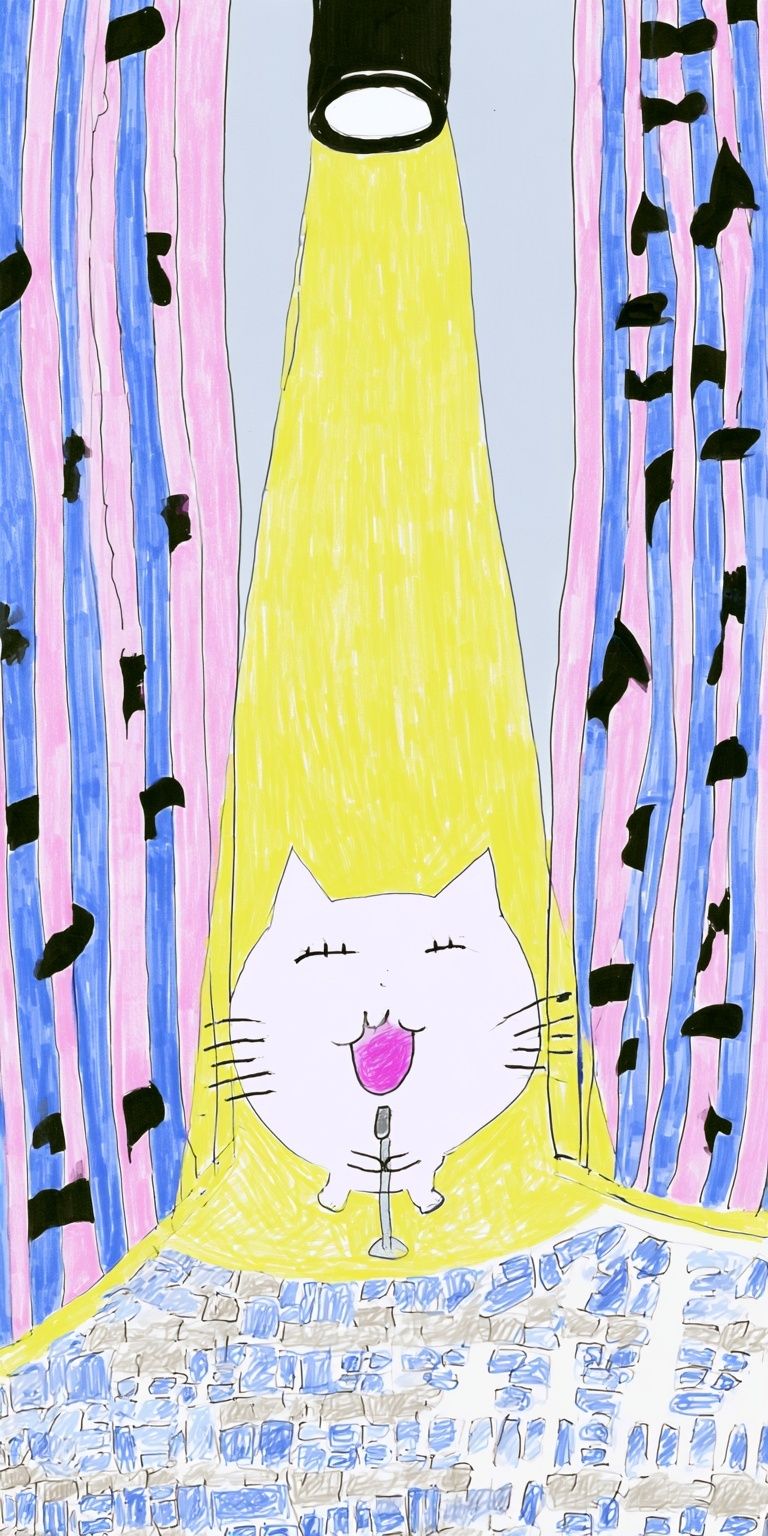 Un gato canta bajo la luz amarilla