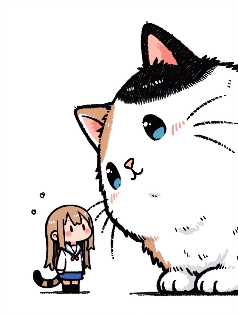 Una chica chibi tímida con uniforme de marinera está junto a un gran gato carey que la contempla