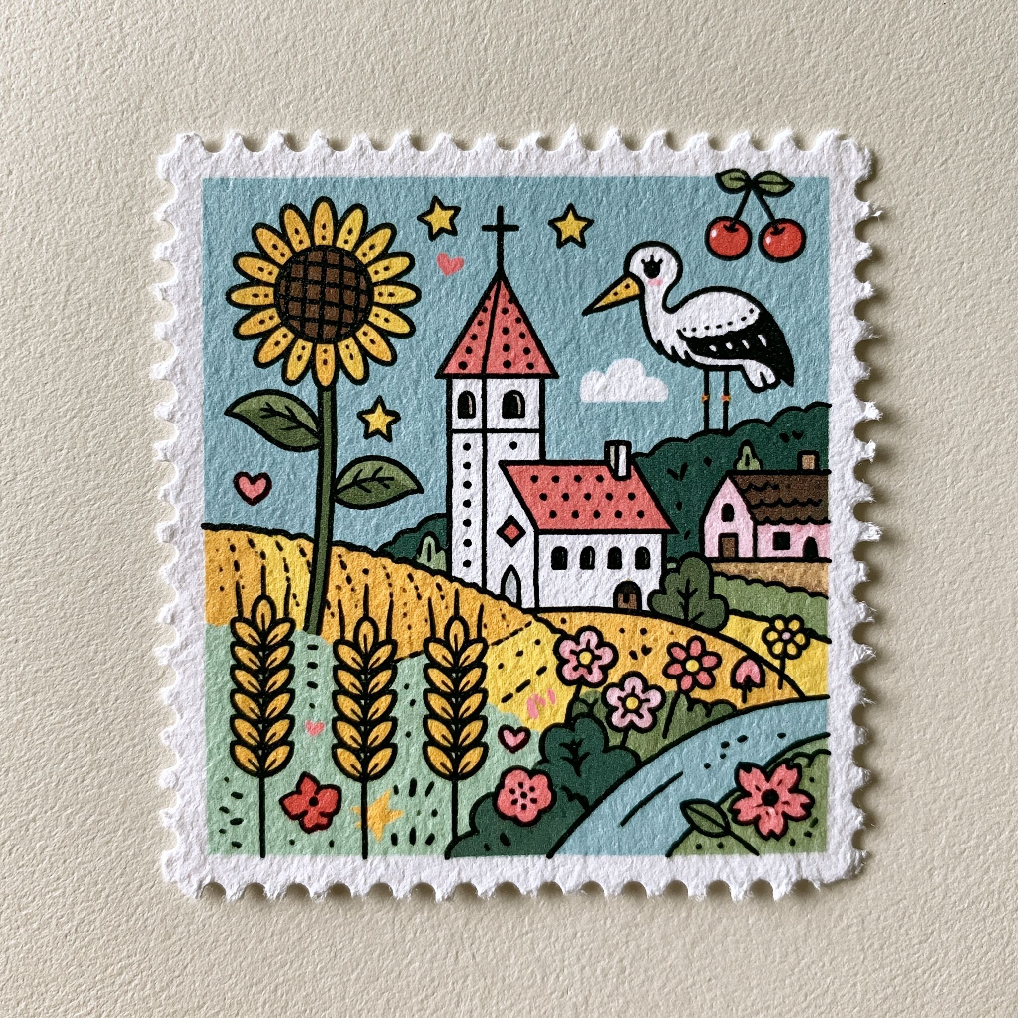 Selo postal de lembrança fofo com ilustrações de campo de girassóis, trigo, igreja da aldeia, cegonha, cerejas, céu azul, chalé, rio, flores, estrelas, corações em tons pastel e estilo de selo de viagem japonês retrô, impresso em papel texturizado macio.