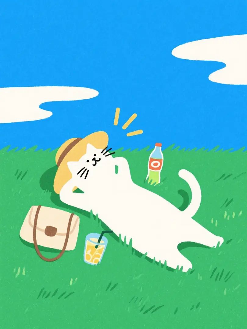 A white cat is sunbathing on the grass, wearing a sun hat