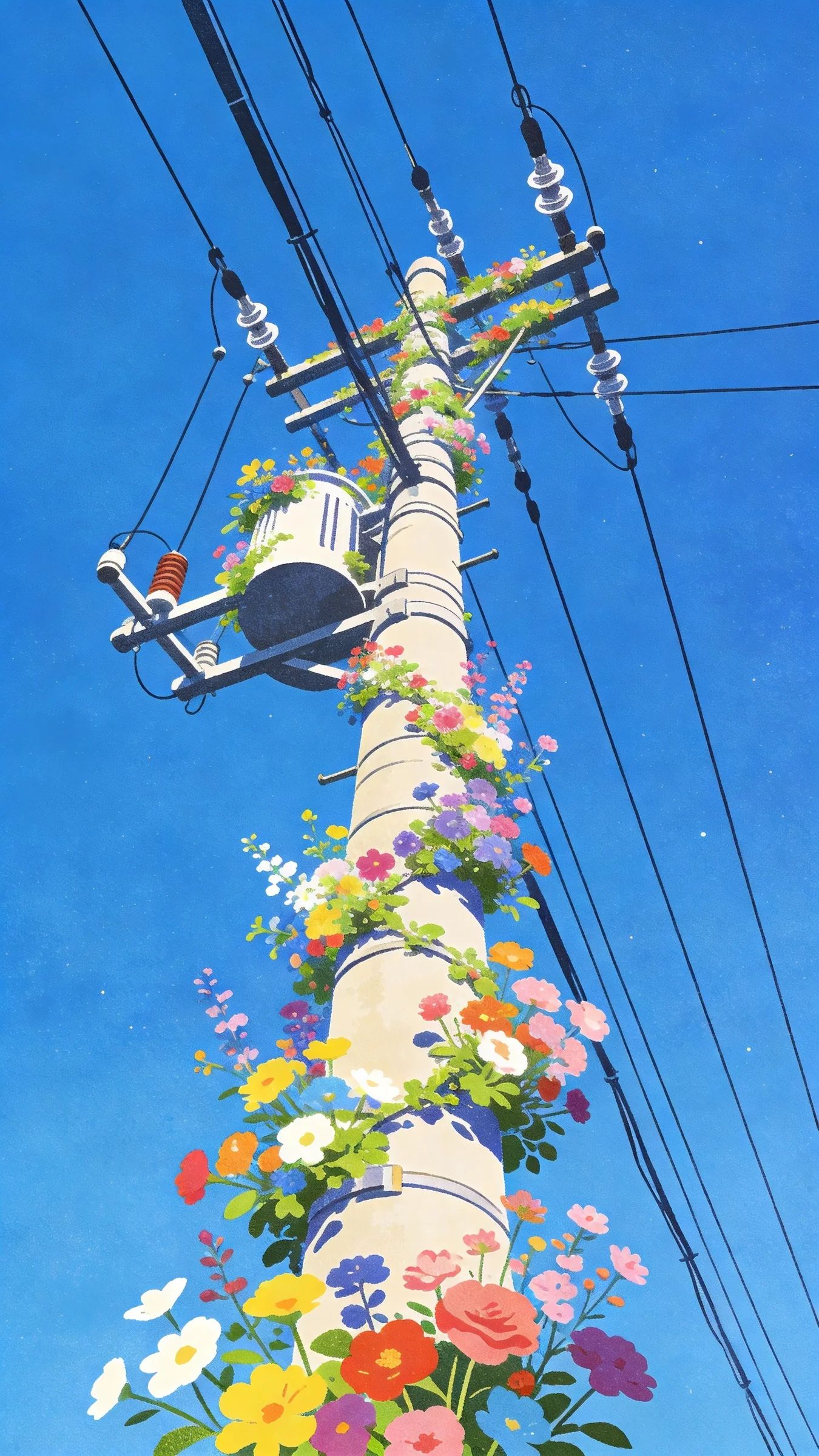 Ryō Takemasa's Japanese-style illustration of colorful flowers on a utility pole against a blue sky