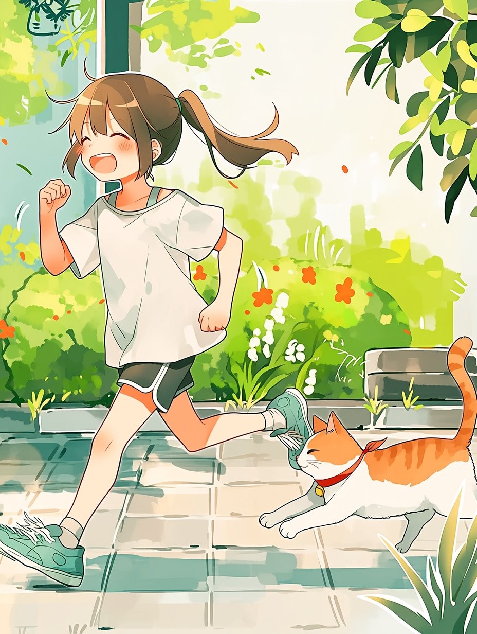Une fille avec un ponytail brun portant un t-shirt oversized blanc et un short de sport noir court court sur un chemin ensoleillé