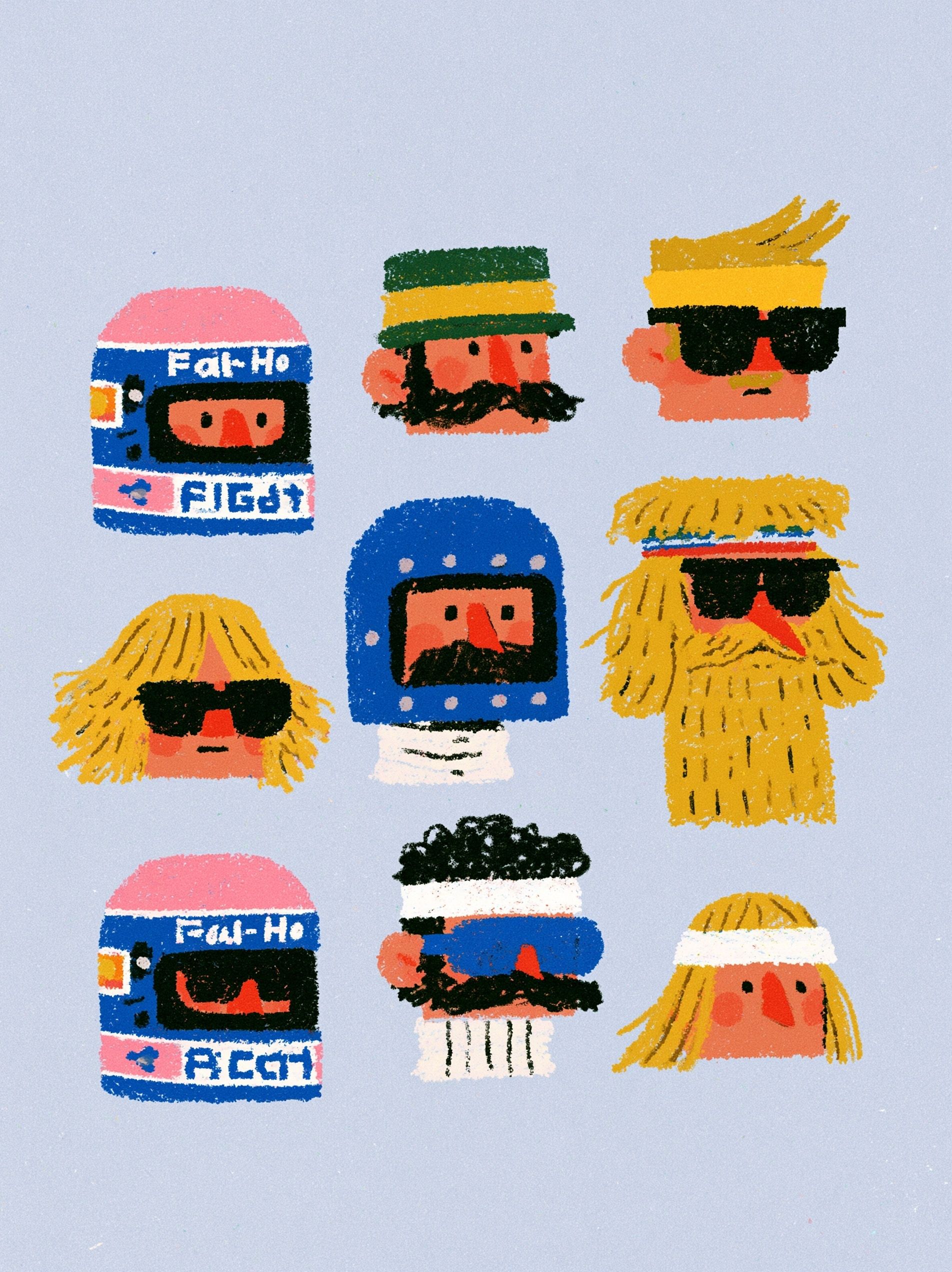 Une collection de neuf têtes de personnages simples au format de grille, ambiance Formule 1 des années 1970, tailles et types de visage variés, dessinées dans un style d'art de ligne épuré, avec des casques colorés, des cheveux uniques et divers accessoires sur fond blanc.