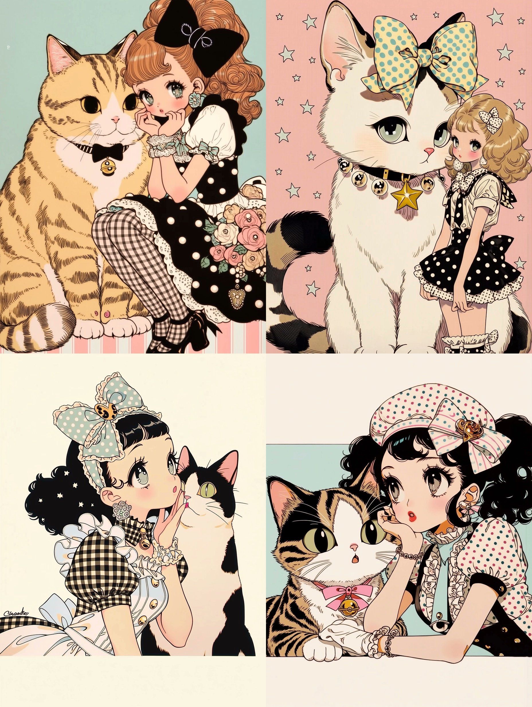 Four-panel retro Showa-era shoujo manga style showcasing cute girls and cats in warm scenes