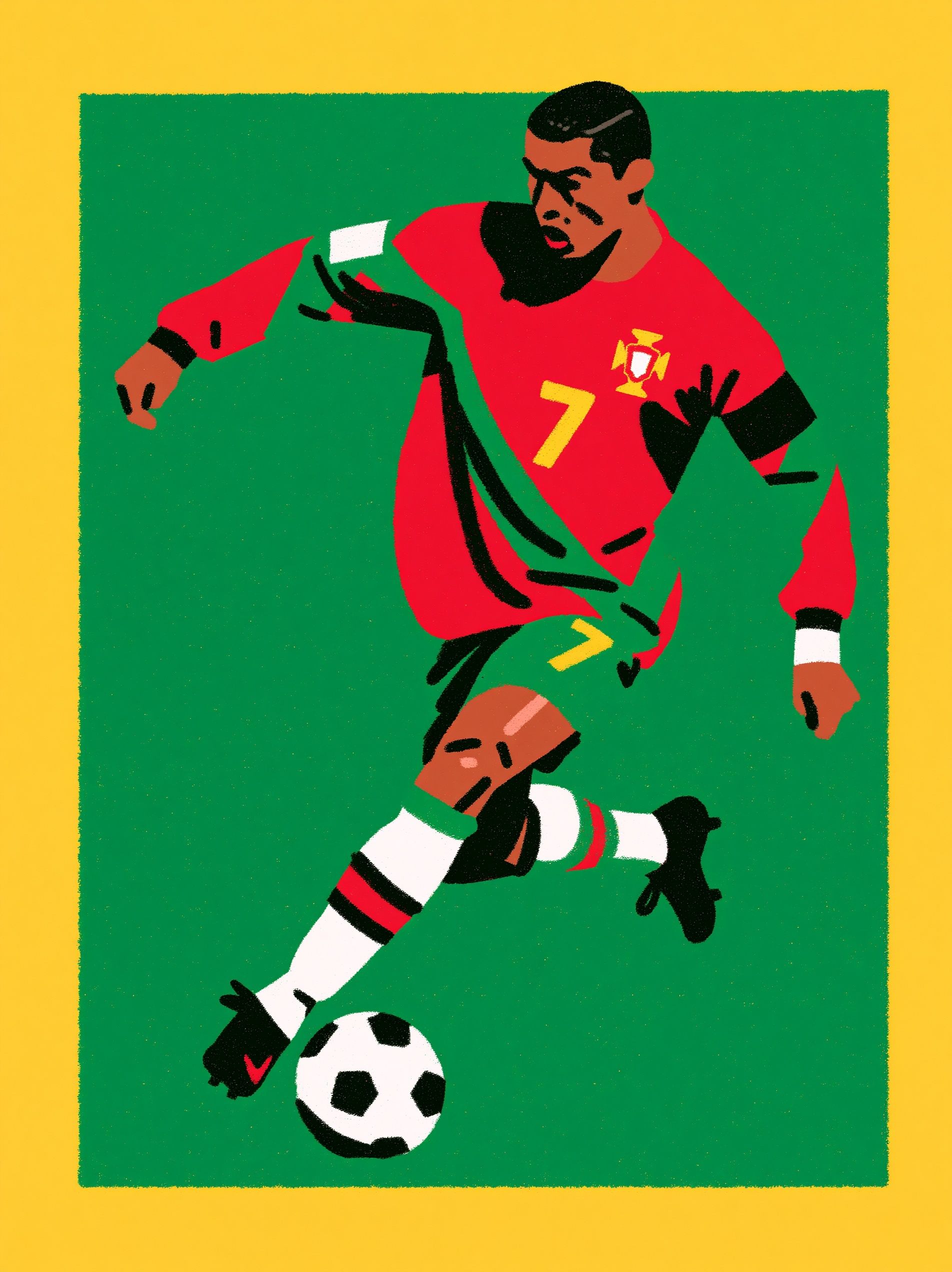 Soccer player CR7 wearing Portugal number 7 jersey playing football