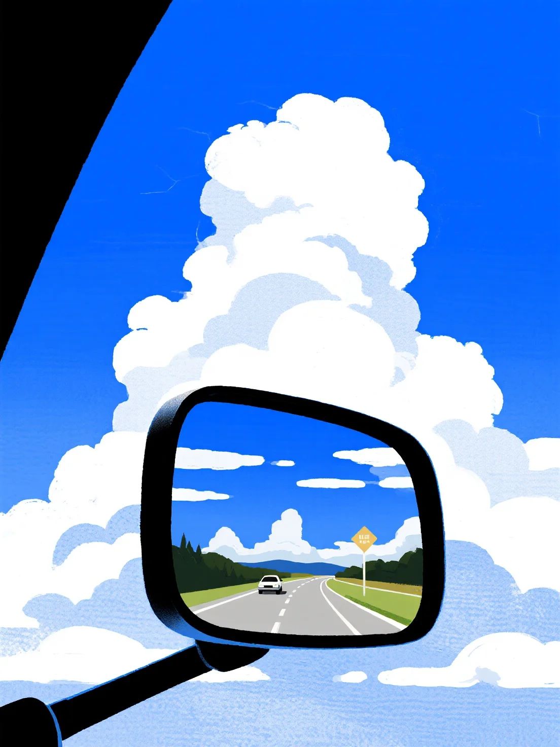 Illustration in Ryo Takemasa style silk screen featuring road curve mirror showing car and sky